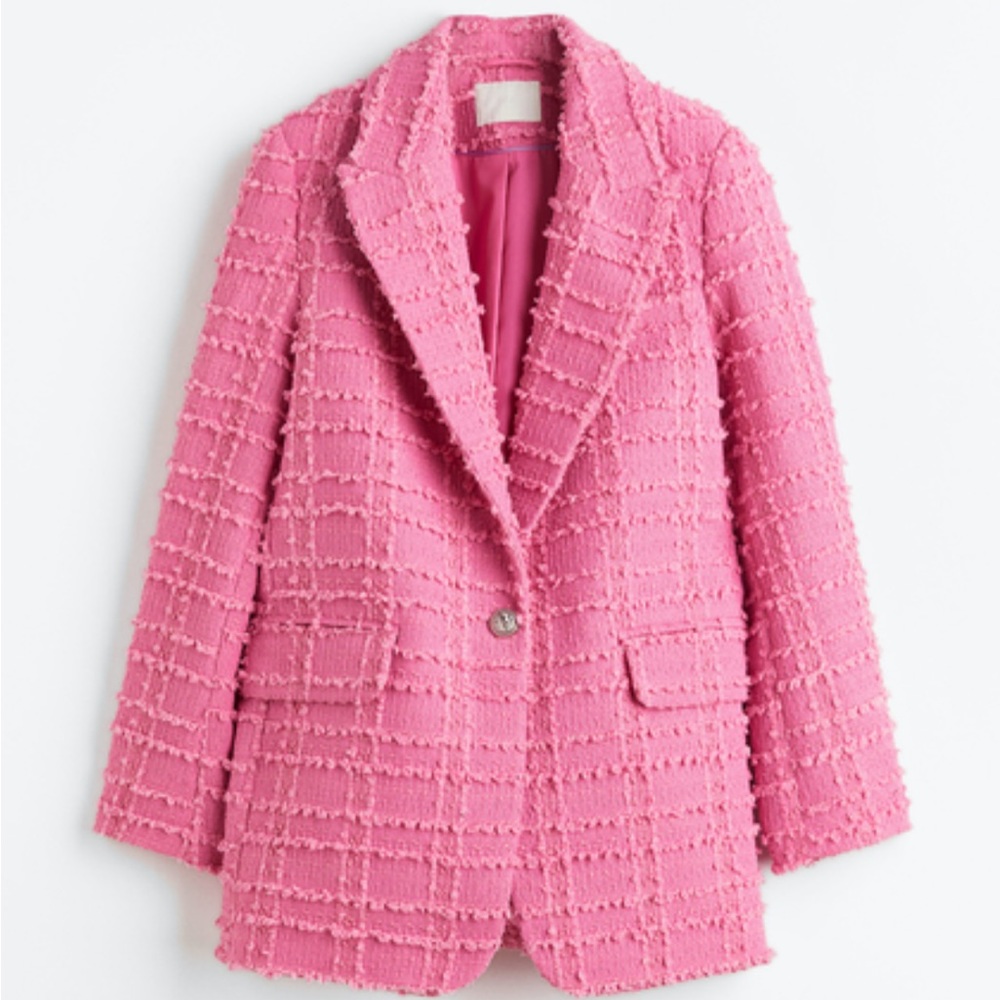 H&M Pink Textured Weave Tweed Knit Jacket Blazer XS